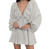 Deep V Neck Sexy Dress Temperament Retro Solid Color Pleated Dress Elegant Long Sleeve Large Size Casual Womens Dresses ropa