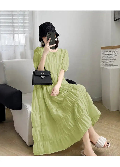 2025 Summer Maternity Pleated Dress Solid Color Loose Pregnant Woman Long Dress Short Sleeve Plus Size Pregnancy Ball Gown Dress - Lootquake