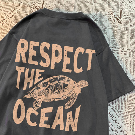Respect The Ocean Green Turtle T Shirt Men Oversized Clothes Hip Hop Breathable Short Sleeve Harajuku Summer Cotton T-Shirt - Lootquake