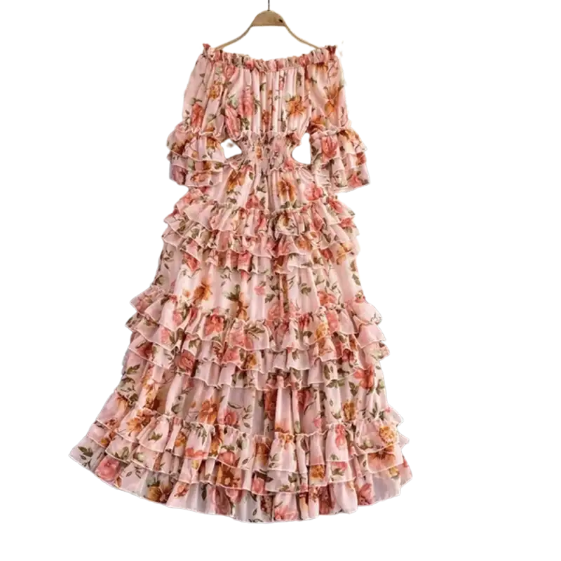 Summer New Off Shoulder  Wrap Waist to Show Thin A-line Fragmented Cake Dress Women's Beach Vacation Chiffon Long Dress GD820 - Lootquake