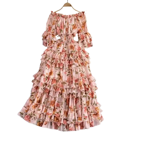 Summer New Off Shoulder  Wrap Waist to Show Thin A-line Fragmented Cake Dress Women's Beach Vacation Chiffon Long Dress GD820 - Lootquake