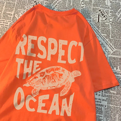 Respect The Ocean Green Turtle T Shirt Men Oversized Clothes Hip Hop Breathable Short Sleeve Harajuku Summer Cotton T-Shirt - Lootquake
