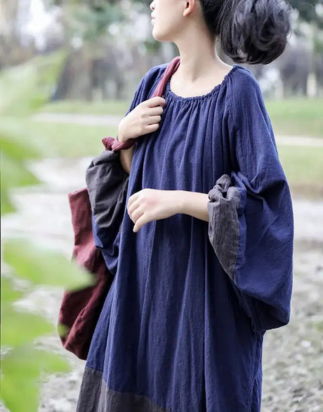 Oversized Spring New Women Big Size Robe Dress Korea Casual Loose Ladies Pullover Cotton Linen Dresses Woman Blue Long Dress - Lootquake