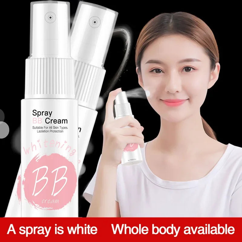 Crema BB en spray de 20 ml para base de maquillaje, blanqueadora, hidratante, antiadherente, iluminadora y corporal.