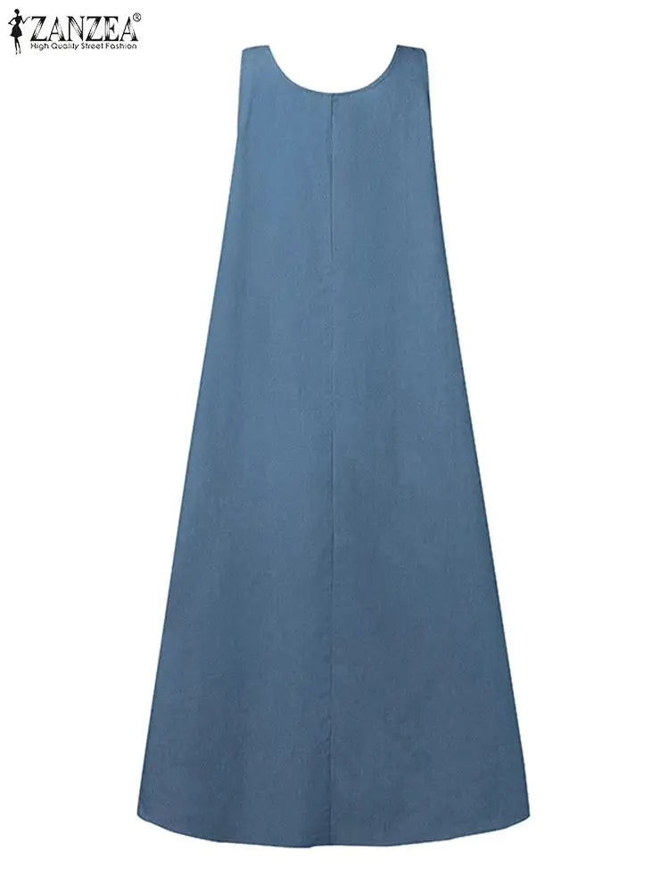 Summer Muslim Long Dress Abaya ZANZEA Women Vintage Sleeveless Denim Blue Maxi Vestidos Dubai Robe Casual Loose Ramadan Sundress - Lootquake