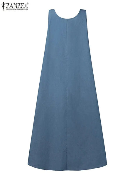 Summer Muslim Long Dress Abaya ZANZEA Women Vintage Sleeveless Denim Blue Maxi Vestidos Dubai Robe Casual Loose Ramadan Sundress - Lootquake