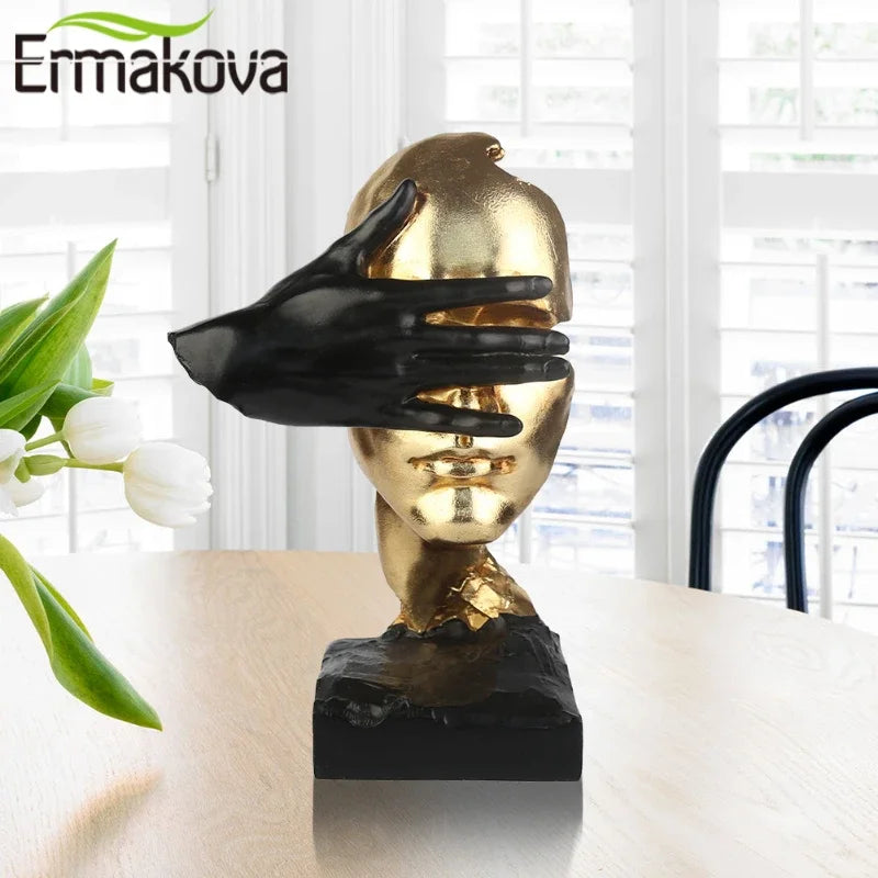 ERMAKOVA New Statues Silence is Gold Figurines Resin Retro Home Decor for Office Gifts Living Room Abstract Face Sculptures