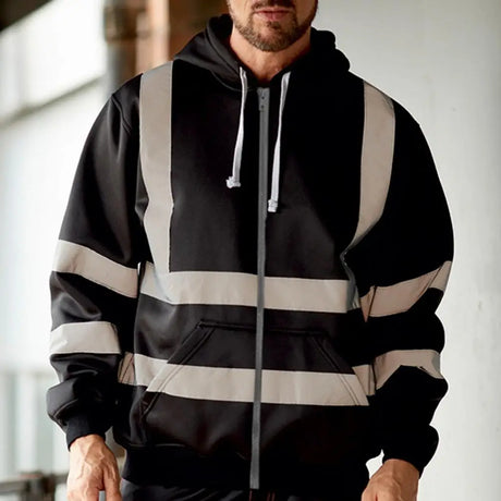Reflective Men Hoodie Drawstring Loose Zipper Long Sleeve Hooded Pullover Winter Work Safety Coat Moisture-wicking Sweatshirt - Lootquake