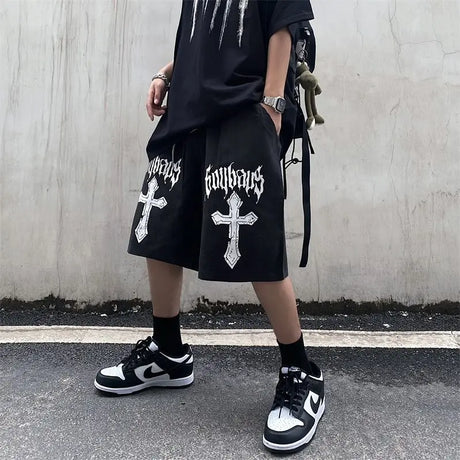 National tide dark cross print casual shorts men's loose hiphop American street hip-hop style five-point pants y2k shorts men - Lootquake