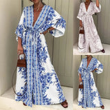 2025 Boho Print Half Sleeve Long Dress Women Fashion Japanese Kimono Lace-Up Robe Summer Sundress Holiday Beach Dress Vestidos - Lootquake