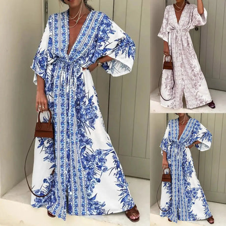 2025 Boho Print Half Sleeve Long Dress Women Fashion Japanese Kimono Lace-Up Robe Summer Sundress Holiday Beach Dress Vestidos - Lootquake