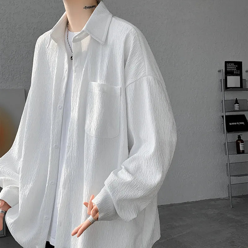 Solid Color Turn-Down Collar Long Sleeve Loose Fit Shirt with Pockets - Stylish & Functional Casual Top for Men & Women M-XXXXXL - Lootquake