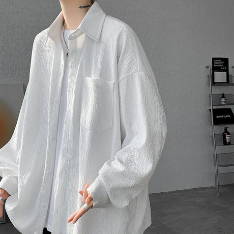 Solid Color Turn-Down Collar Long Sleeve Loose Fit Shirt with Pockets - Stylish & Functional Casual Top for Men & Women M-XXXXXL - Lootquake