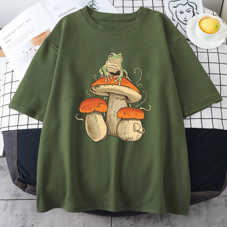 Cottagecore Aesthetic Mushroom Dark Academia Frog Funny T Shirt Men Casual Oversize Cotton Short Sleeve Street Hip Hop T-Shirts - Lootquake