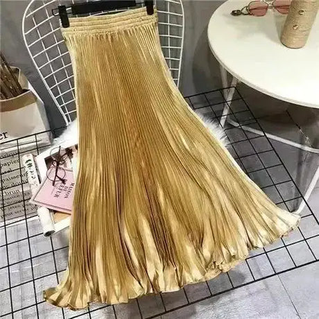High-Waisted Vintage A- Line Accordion Skirt European Style Pleated Dress Metal Color Wide Hemline Long Dress For Women - Lootquake