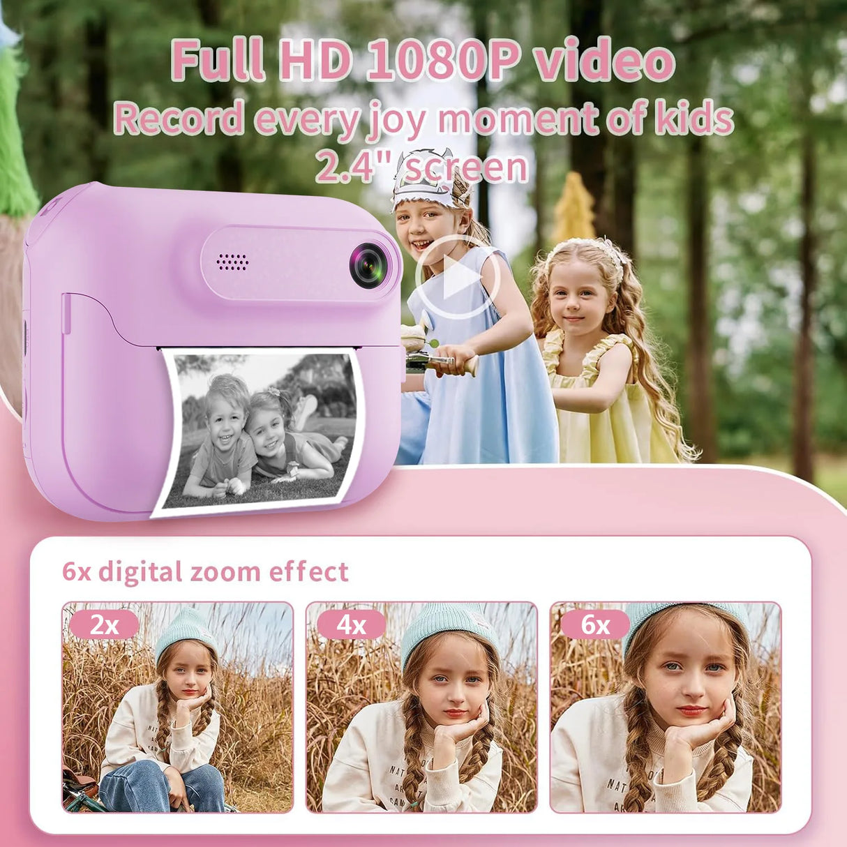 Appareil photo instantané S8 pour enfants, 1300 mAh, appareil photo numérique HD 1080p, idéal pour les cadeaux d'anniversaire des filles et des garçons