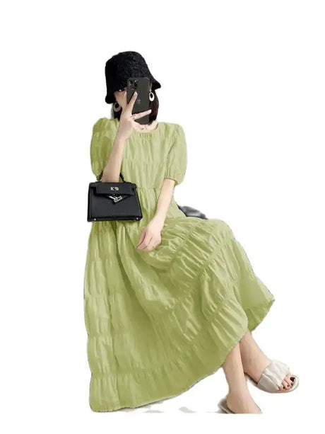2025 Summer Maternity Pleated Dress Solid Color Loose Pregnant Woman Long Dress Short Sleeve Plus Size Pregnancy Ball Gown Dress - Lootquake