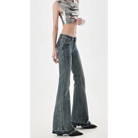 American High Street Spicy Girls Low Waist Jeans Women Autumn Vintage Y2k Design Sense Slim Fit Straight Tube Micro Flare Pants - Lootquake