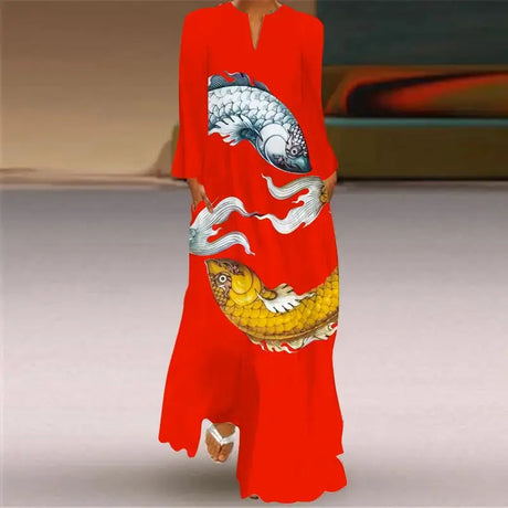 Women Autumn Winter Long Dress Elegant Party Casual V Neck Long Sleeve Vestids Style Loose Stripe Printing Vintage Maxi Dresses - Lootquake