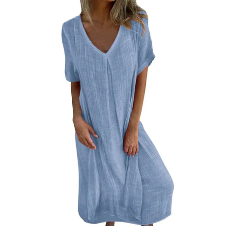 Cotton Linen Short Sleeve Loose Dress 2024 Summer Women's V-neck High Waist Long Dress Vintage Solid Color Straight Beach Dress - Lootquake