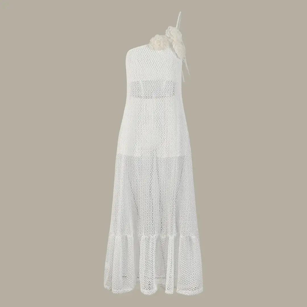 Sexy 3D Flower Long Dress Women 2024 Summer Semi-sheer Party Dresses Elegant Slim One Shoulder Maxi Vestidos Holiday Beach Robe - Lootquake