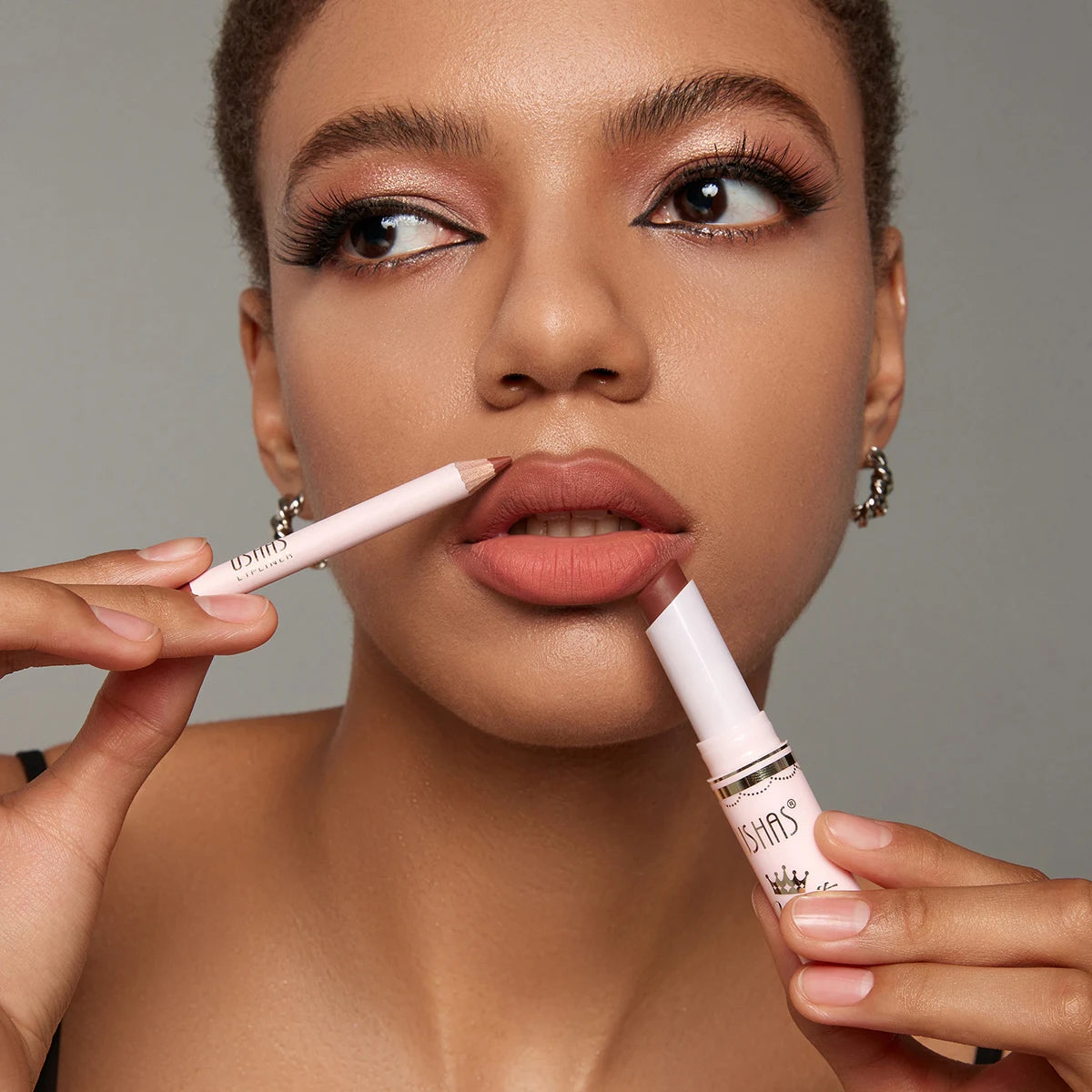 USHAS,Lipstick + lip liner set, matte finish, waterproof, long-lasting and non-staining, velvet nude lip gloss