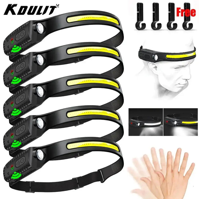 Sensor Headlamp LED Head Flashlight Rechargeable Headlight Head Torch Built-in Battery 5 Lighting Modes Fishing Camping Lantern - Lootquake