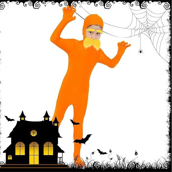 Halloween Party Jumpsuit Orange Costume Yellow Moustache and Eyebrow Baring Orange Bodysuit Masquerade Outfits for Kid and Adult
