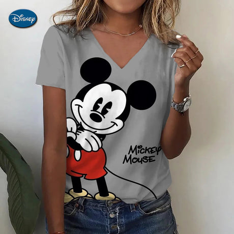 Women's T-shirts Disney Mickey Mouse 3D print New V-neck Short Sleeve Summer Casual Women's Clothing Harajuku Y2K Hip Hop Clothe - Lootquake
