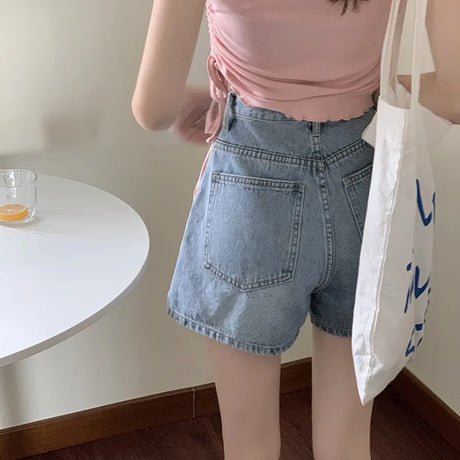 High Waist Wide Leg Short Jeans Women's Spring Thin Loose Versatile Student Hot Pants Slit Design Summer Casual Cotton Shorts - Lootquake