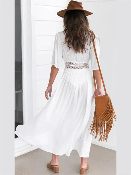 2024 Summer Bikini Cover-ups Women Bohemian Beach Long Dress Short Sleeve Lace Hollow Out Cardigan Swimwear Cover Ups Beachwear - Lootquake