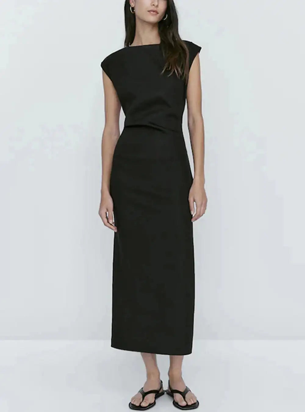 TRAF Women's Long Sleeveless Dress Black Fashion Linen Blend Shrinking Pleated Long Dress Temperament Elegant Women's Clothing - Lootquake
