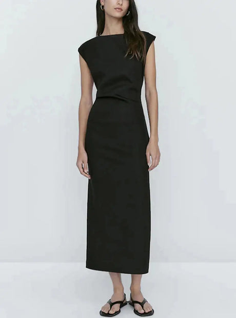 TRAF Women's Long Sleeveless Dress Black Fashion Linen Blend Shrinking Pleated Long Dress Temperament Elegant Women's Clothing - Lootquake