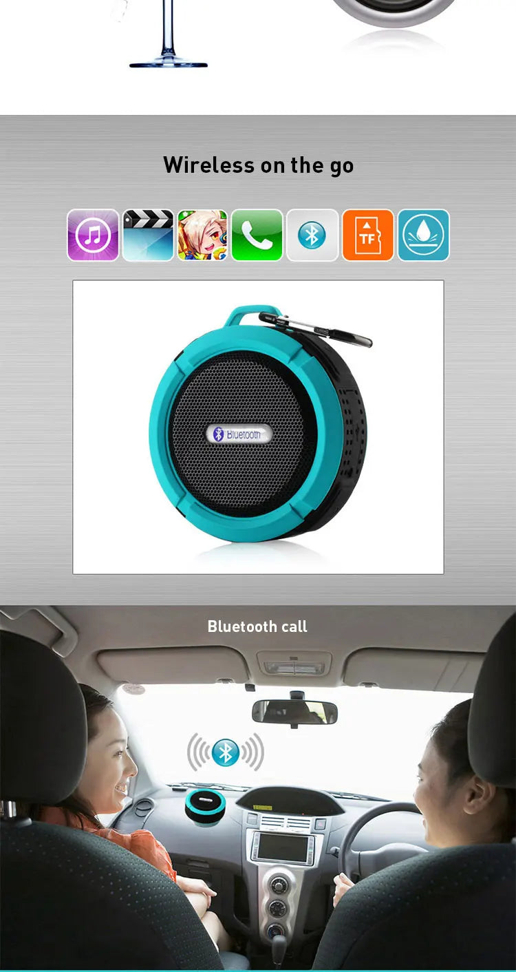 Altavoz Bluetooth inalámbrico impermeable con ventosa para deportes al aire libre, mini subwoofer para ducha, coche, teléfono inteligente, micrófono TF C6