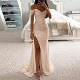 Sexy Sequin Evening Party Prom Long Dress Women Elegant V-Neck Gown Dress Off Shoulder Slim High Split Gown Female Vestidos - Lootquake