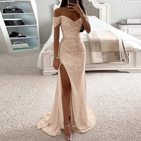 Sexy Sequin Evening Party Prom Long Dress Women Elegant V-Neck Gown Dress Off Shoulder Slim High Split Gown Female Vestidos - Lootquake