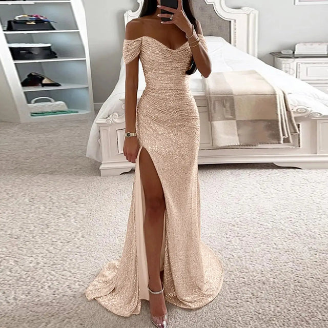 Sexy Sequin Evening Party Prom Long Dress Women Elegant V-Neck Gown Dress Off Shoulder Slim High Split Gown Female Vestidos - Lootquake
