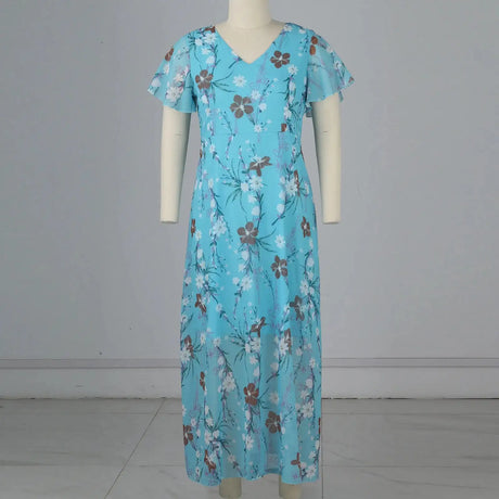 Vestidos Verano Moda 2024 Women's Swing Long Dress Chiffon Floral Short Sleeve Ruffle V Neck Fashion Waist Flowy Dress платье - Lootquake