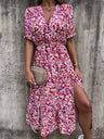Vestido de verano con estampado floral para mujer, cuello en V, abertura lateral, largo, elegante, manga corta, botones, ajustado, para fiesta de primavera
