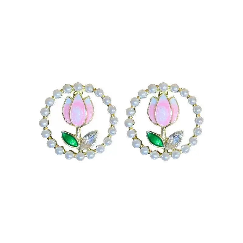Kiss Jewelry Cute Sweet Flower Round Shape Pearl Rhinestone Stud Earrings for Women Tulip Floral Korean Fashion Earring Gift - Lootquake