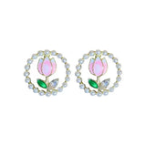 Kiss Jewelry Cute Sweet Flower Round Shape Pearl Rhinestone Stud Earrings for Women Tulip Floral Korean Fashion Earring Gift - Lootquake