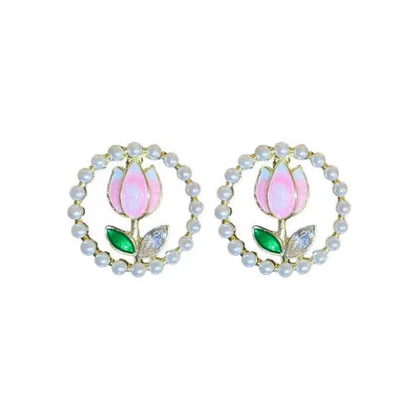 Kiss Jewelry Cute Sweet Flower Round Shape Pearl Rhinestone Stud Earrings for Women Tulip Floral Korean Fashion Earring Gift - Lootquake