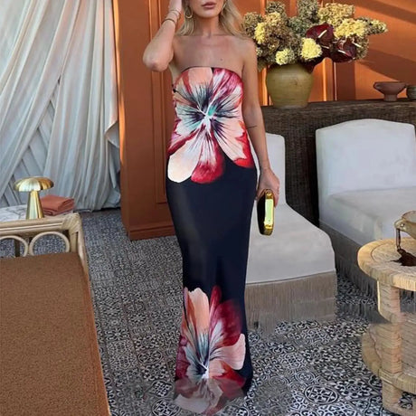 hirigin Women Y2K Floral Print Tube Maxi Dress Graphic Strapless Backless Long Dress Vintage Off Shoulder Summer Sundress - Lootquake