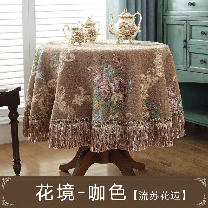 European Retro Style Jacquard Tablecloth Chenille  Tassels Home Furnishings Living Room Decorate Dustproof Round Tablecloth