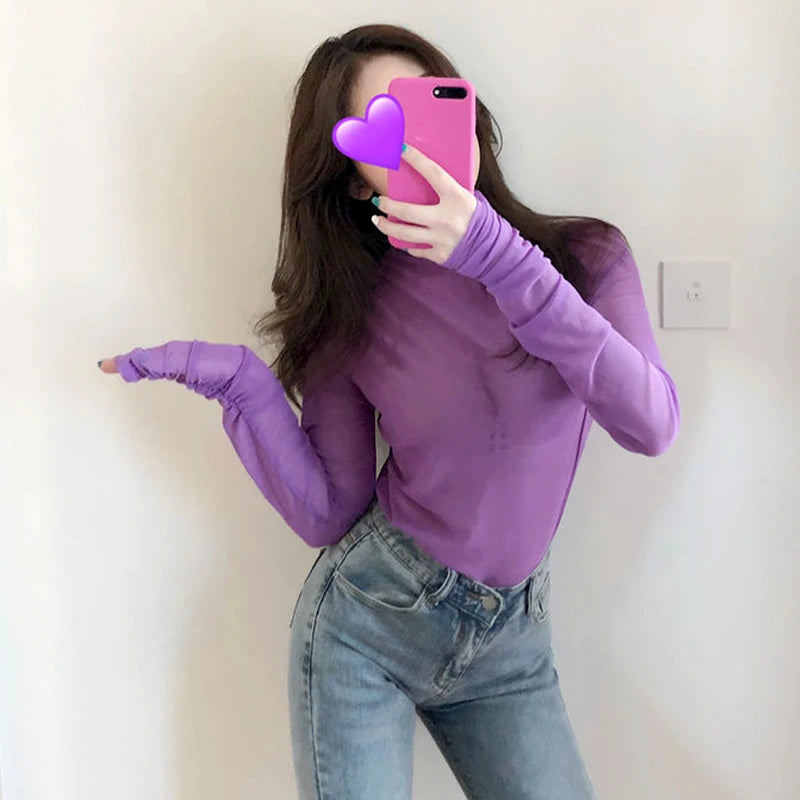 Camisa neón para mujer, de manga larga, con cuello alto, transparente, de malla amarilla dorada, sexy, para fiesta, club, ropa de calle, camisetas de hip hop