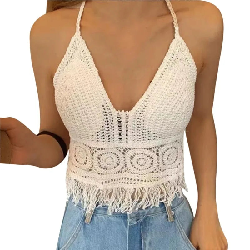 Traje de baño de punto de crochet para mujer, traje de baño tipo pareo, chaleco, top calado, ropa de playa, top corto sin mangas