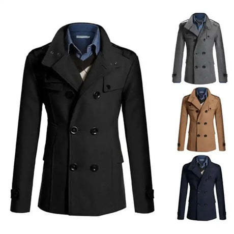 Men Slim Fit Woolen Coats Solid Color Male Casual Long Sleeve Outerwear Autumn Winter Double Breasted Mid Length Windbreaker - Lootquake