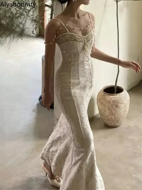 Summer Women Gorgeous Party Mermaid Prom Dress Spaghetti Strap Pearl Beading Ruffles Dress Feminine Backless Trumpet Long Dress - Lootquake