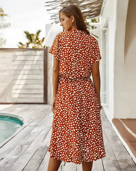 Vintage Floral Print Dress Women Boho Short Sleeve Long Dress Turn Down Collar Casual Waistband Shirt Dresses Robe 2021 Summer - Lootquake