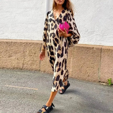 Autumn Women's Long Leopard Print Dress New Long V-neck Loose Lantern Sleeve Leopard Print Dress Long Dress - Lootquake